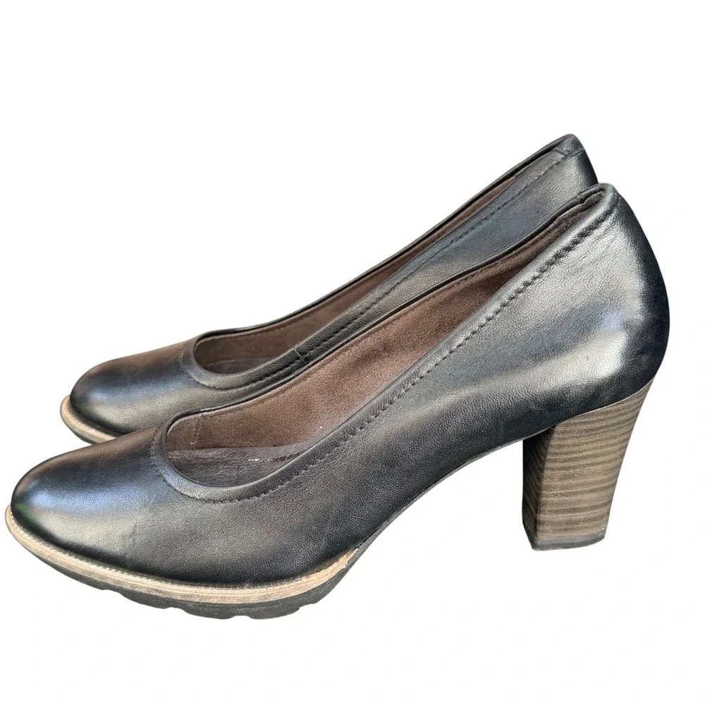 Tamaris Pumps Womens 37 Black Leather Block Heel Round Toe Touch It Office